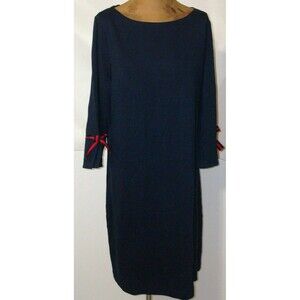 New Womens Talbots Dress L Sheath Navy Blue Red Bow Sleeves Slit Cotton Nice Kni